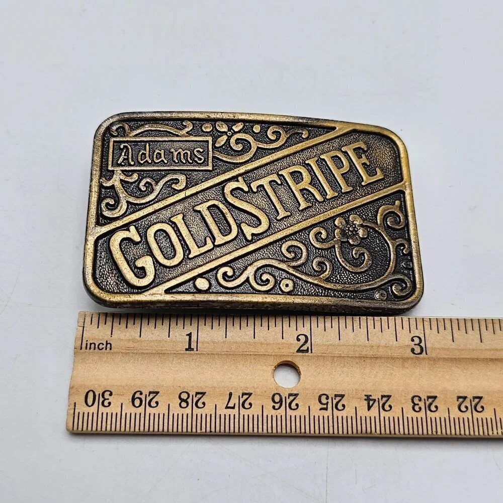 Adams Goldstripe Brass Metal Belt Buckle Rectangular Western Floral Detail Vinta